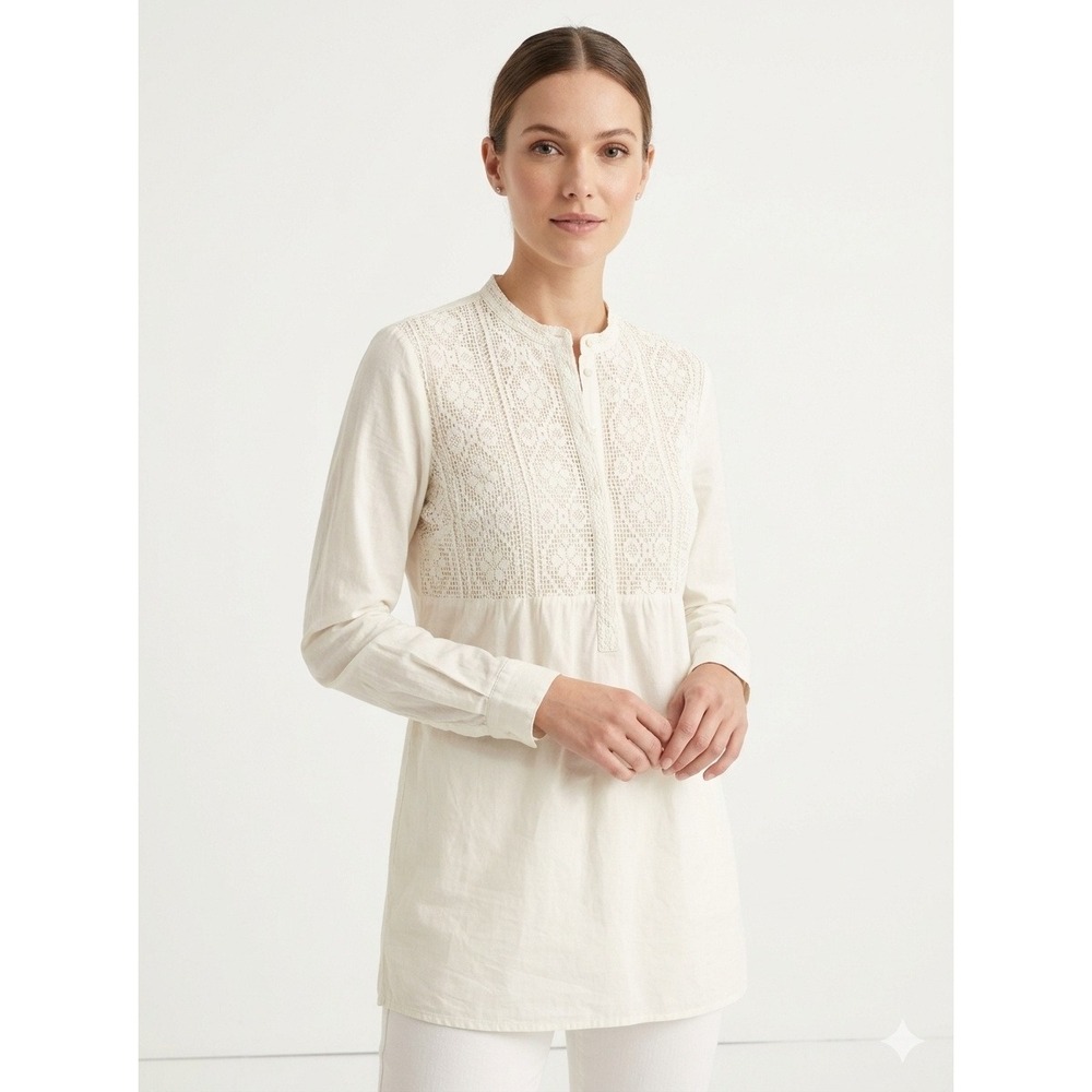 Caribbean Joe Womens Cream Cotton Lace Yoke Long Sleeve Tunic Blouse Small